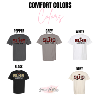 Silver Lake Eagles SLHS Dance Team Comfort Colors top shown in pepper, grey, white, black, and ivory with maroon and black SLHS Dance Team DTF print on white background