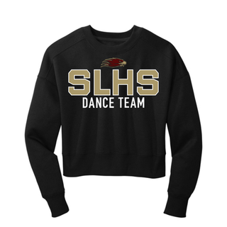 Black women's cropped crewneck sweatshirt with large gold and white oversized SLHS Dance Team block letter DTF print and Eagles mascot on chest on white background