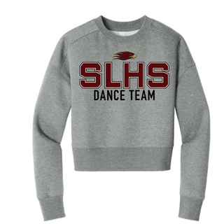 Heather grey women's cropped crewneck sweatshirt with large maroon and black oversized SLHS Dance Team block letter DTF print and Eagles mascot on chest on white background