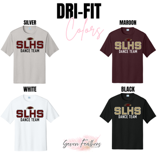 Silver Lake Eagles SLHS Dance Team dri-fit top shown in silver, maroon, white, and black with gold and maroon SLHS Dance Team DTF print on white background