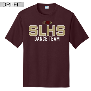 Maroon moisture-wicking dri-fit top with gold white and maroon oversized SLHS Dance Team block letter DTF print and Eagles mascot on chest on white background