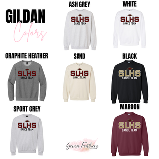 Silver Lake Eagles SLHS Dance Team Gildan crewneck shown in ash grey, white, graphite heather, sand, black, sport grey, and maroon with SLHS Dance Team DTF print on white background