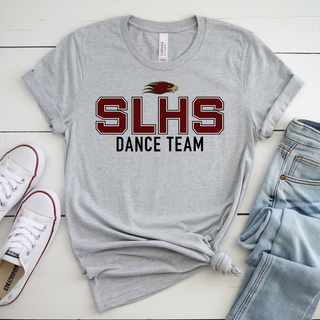 Athletic heather Bella Canvas top styled flat lay with white sneakers and denim jeans featuring maroon and black oversized SLHS Dance Team block letter DTF print with Eagles mascot on chest on white wood background