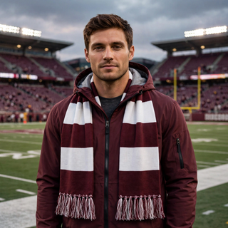 Man wearing Maroon and White Spectator Scarf in Silver Lake Eagles team colors
