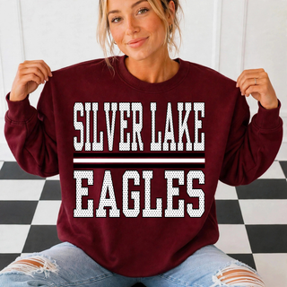 Silver Lake Eagles Stacked Petite Polka Dot Top on a maroon crewneck sweatshirt