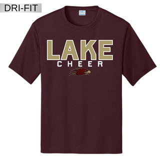 Maroon dri-fit performance tee with LAKE CHEER bold block text and Eagles mascot logo front view
