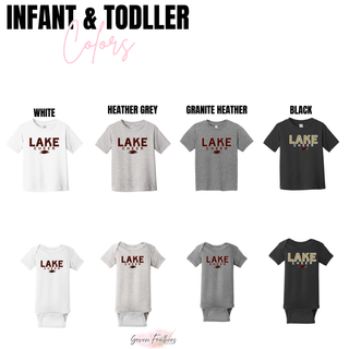 Lake Cheer infant toddler tees and onesies in white, heather grey, granite heather, and black
