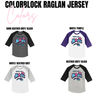 Color chart showing Silver Lake Magic softball raglan jersey in Dark Heather Grey Black, White Purple, White Heather Grey, and Heather Grey Black