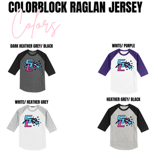 Color chart showing Silver Lake Magic SL star raglan jersey in Dark Heather Grey Black, White Purple, White Heather Grey, and Heather Grey Black