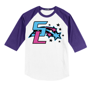 White and purple three quarter sleeve colorblock raglan jersey with bold blue and pink SL shooting star graphic for Silver Lake Magic softball