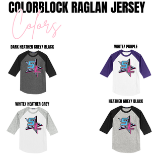 Color chart showing Silver Lake Magic SL starburst raglan jersey in Dark Heather Grey Black, White Purple, White Heather Grey, and Heather Grey Black