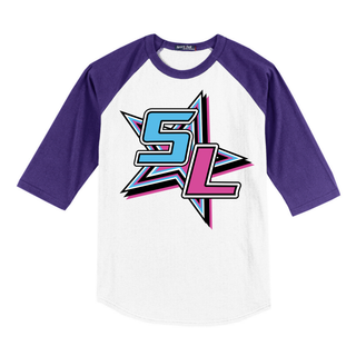 White and purple three quarter sleeve colorblock raglan jersey with bold blue and pink SL starburst graphic for Silver Lake Magic softball