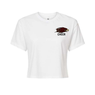 White crop top with SL Eagles logo and CHEER text on left chest front view

