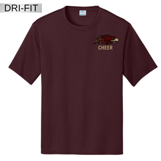 Maroon dri-fit performance tee with SL Eagles logo and CHEER text on left chest front view
