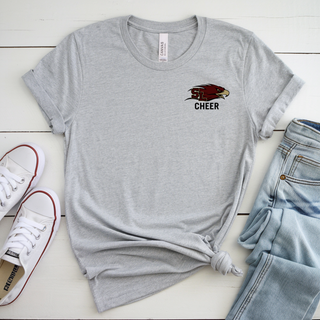 Athletic heather tee with SL Eagles logo and CHEER text on left chest styled with jeans and sneakers
