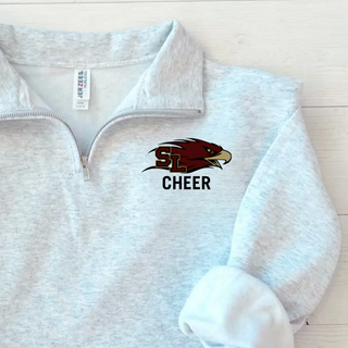 Ash grey quarter zip with SL Eagles logo and CHEER text on left chest close up front view
