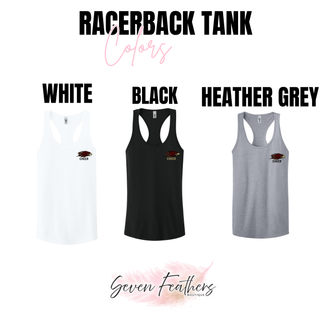 Silver Lake Power Eagle cheer racerback tank color options in white, black, and heather grey
