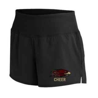 Black repeat short with SL Eagles logo and CHEER text on left leg and high waistband front view
