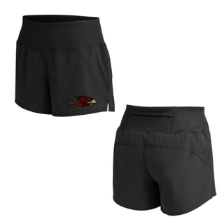 Black Silver Lake Power Eagle Cheer Repeat Shorts with SL power eagle mascot logo, shown from front and back
