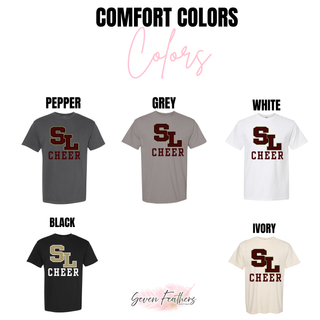 Comfort Colors Silver Lake staggered SL cheer tee in pepper, grey, white, black, and ivory
