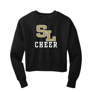 Black crop crewneck sweatshirt with large staggered SL block letter logo and CHEER text centered on front view
