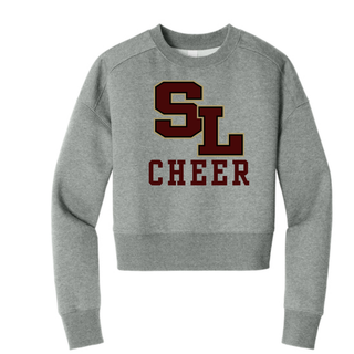 Grey crop crewneck sweatshirt with large staggered SL block letter logo and CHEER text centered on front view
