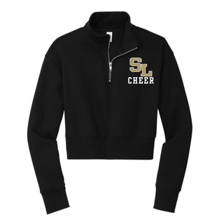 Black crop quarter zip with staggered SL block letter logo and CHEER text on left chest front view
