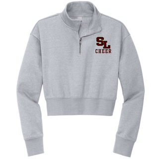 Grey crop quarter zip with staggered SL block letter logo and CHEER text on left chest front view

