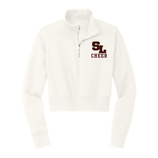 White crop quarter zip with staggered SL block letter logo and CHEER text on left chest front view

