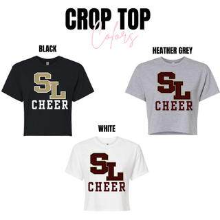 Silver Lake staggered SL cheer crop top in black, heather grey, and white with SL block letter logo and CHEER text

