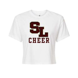 White crop top with large staggered SL block letter logo and CHEER text centered on front view
