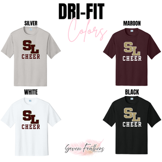 Silver Lake staggered SL cheer dri-fit performance top in silver, maroon, white, and black
