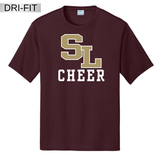 Maroon dri-fit performance tee with large staggered SL block letter logo and CHEER text centered on front view
