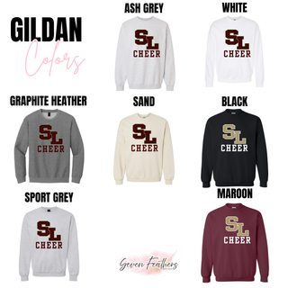 Gildan Silver Lake staggered SL cheer crewneck in ash grey, white, graphite heather, sand, black, sport grey, and maroon
