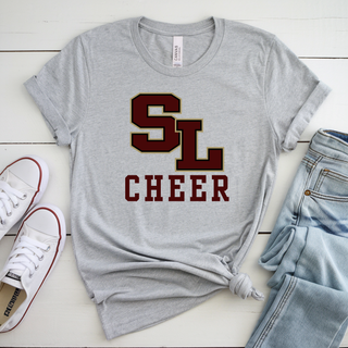 Athletic heather tee with large staggered SL block letter logo and CHEER text centered on front styled with jeans and sneakers
