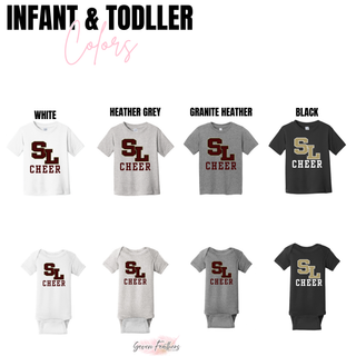 Silver Lake staggered SL cheer infant and toddler tees and onesies in white, heather grey, granite heather, and black
