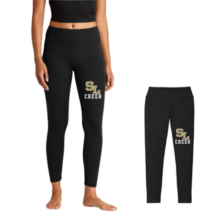 Black 7/8 legging with staggered SL block letter logo and CHEER text on left leg shown on model and flat lay view
