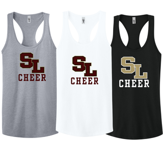 Silver Lake staggered SL cheer racerback tank in heather grey, white, and black with SL block letter logo and CHEER text
