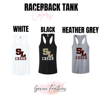 Silver Lake staggered SL cheer racerback tank color options in white, black, and heather grey
