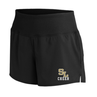 Black repeat short with staggered SL block letter logo and CHEER text on left leg front view
