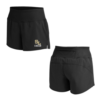 Silver Lake staggered SL cheer repeat short shown front with SL logo and CHEER text and plain back view
