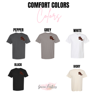 Comfort Colors Silver Lake staggered SL tee in pepper, grey, white, black, and ivory
