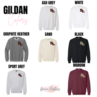 Gildan Silver Lake staggered SL crewneck in ash grey, white, graphite heather, sand, black, sport grey, and maroon
