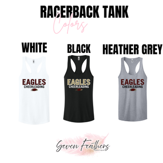 Silver Lake Eagles Cheerleading racerback tank color options in white, black, and heather grey
