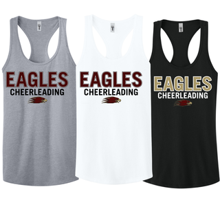 Silver Lake Eagles Cheerleading racerback tank with EAGLES CHEERLEADING block text and mascot logo in heather grey, white, and black front view
