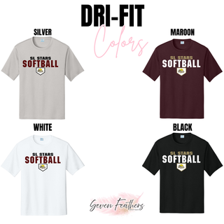 Dri-fit performance tee color swatches in silver maroon white and black with SL Stars Softball bold block home plate design