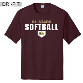 Maroon dri-fit performance top with bold block SL Stars Softball text and home plate Stars logo on white background