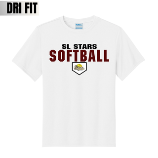 White dri-fit performance top with bold block SL Stars Softball text and home plate Stars logo on white background
