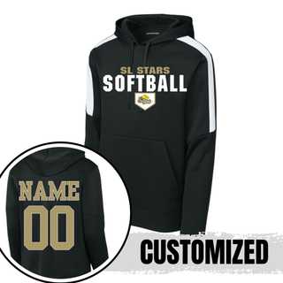 Black colorblock performance hoodie with bold block SL Stars Softball home plate design on front and gold player name and number on back