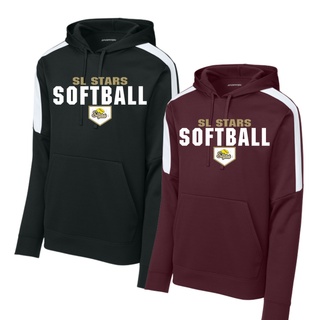 Black and maroon colorblock performance hoodies with white sleeve stripe and bold block SL Stars Softball home plate design on white background